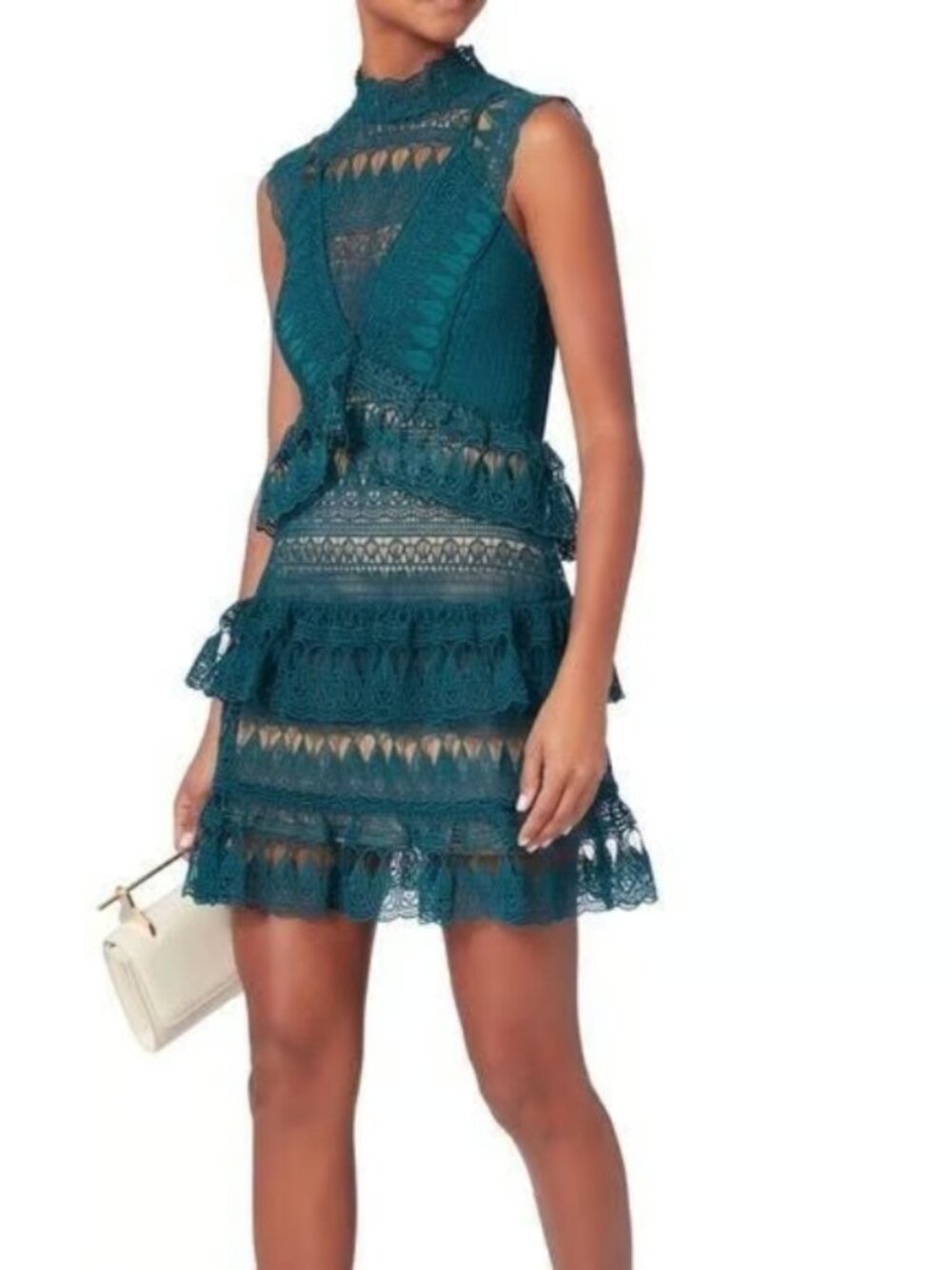 Self-Portrait Teardrop Guipure Tiered Lace Turquoise Teal BOHO Embroidery Dress - Picture 3 of 16